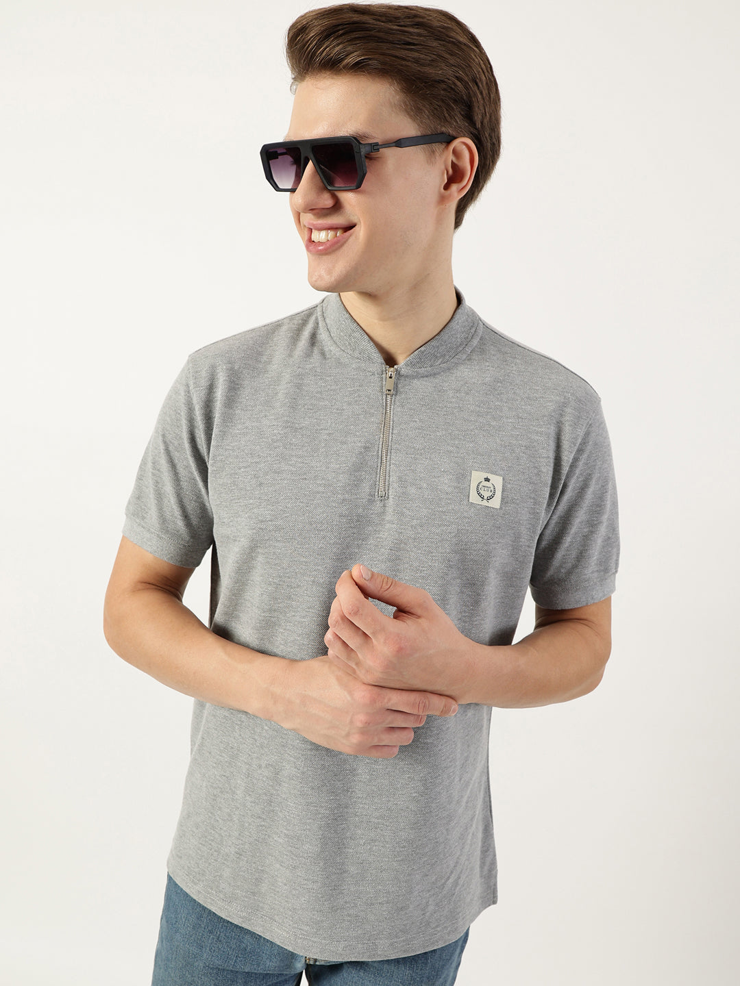 Thomas Scott Men Grey Mandarin Collar T-shirt