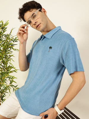 Thomas Scott Men Blue Solid Polo Collar Cotton Relaxed Fit T-Shirt