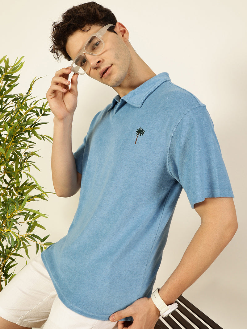 Thomas Scott Men Blue Solid Polo Collar Cotton Relaxed Fit T-Shirt