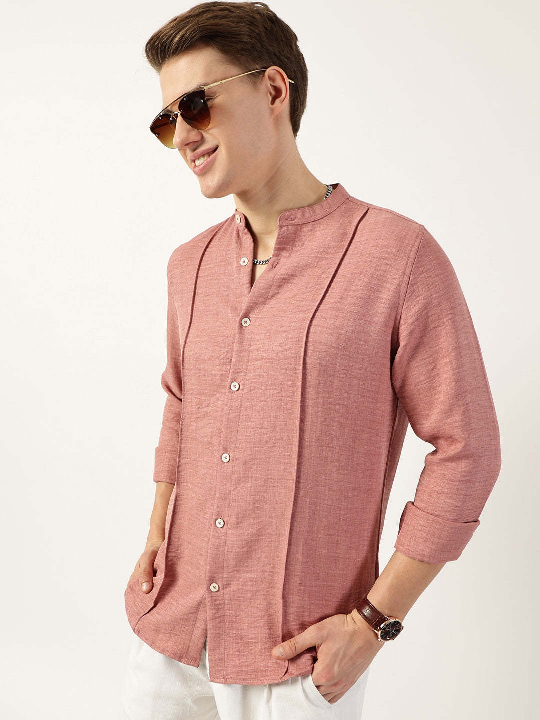Thomas Scott Men Peach Premium Mandarin Collar Textured Solid Slim Fit Casual Shirt