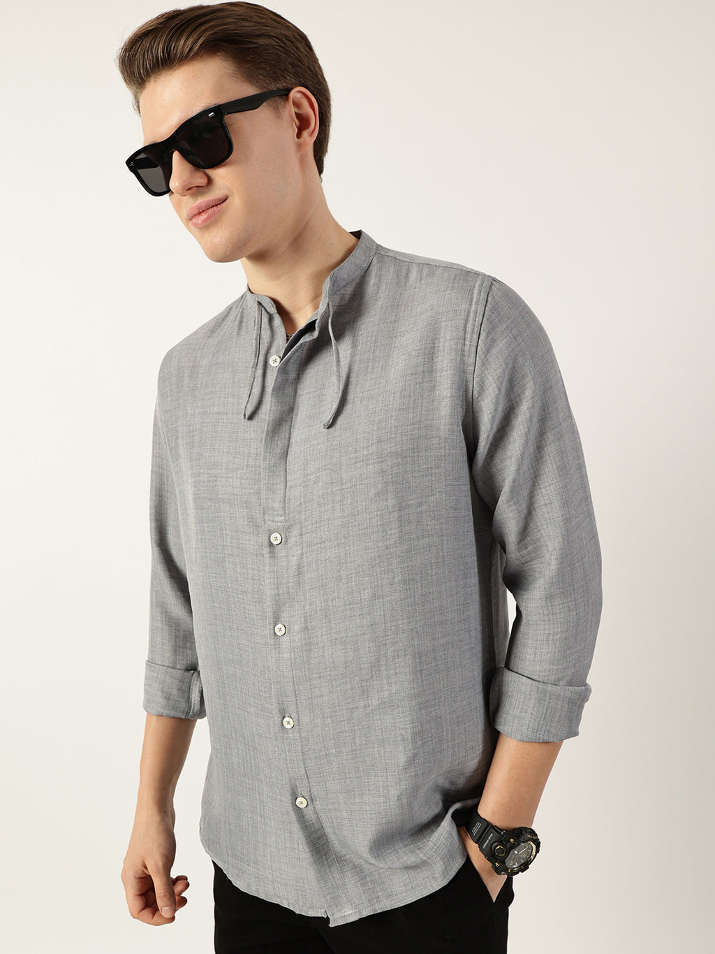 Thomas Scott Men Grey Classic Mandarin Collar Solid Slim Fit Casual Shirt