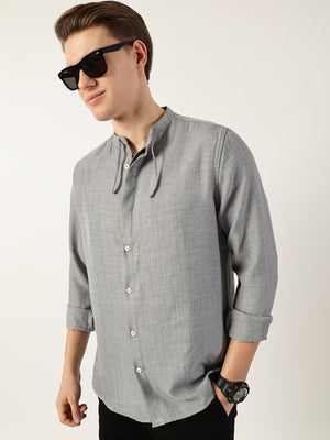 Thomas Scott Men Grey Classic Mandarin Collar Solid Slim Fit Casual Shirt