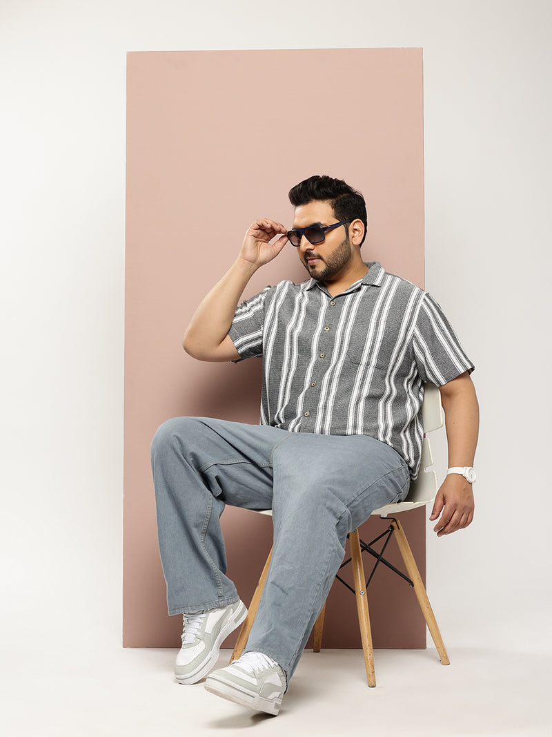 Thomas Scott Men Black Plus Size Premium Striped Pure Cotton Casual Shirt