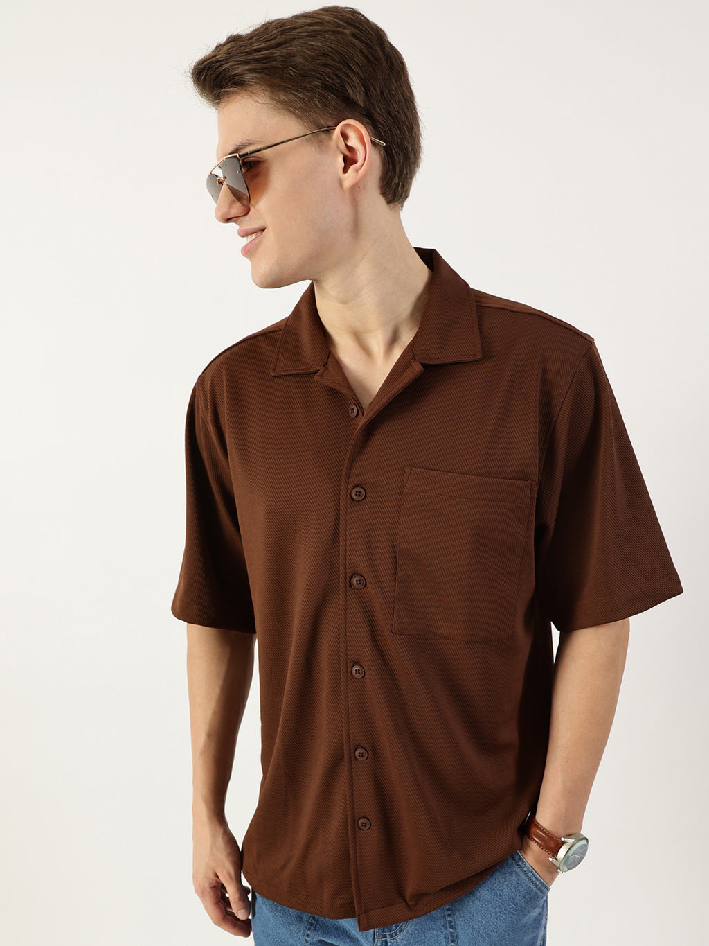 Thomas Scott Men Dark Brown Premium Cuban Collar Textured Cotton Oversized Casual Shirt