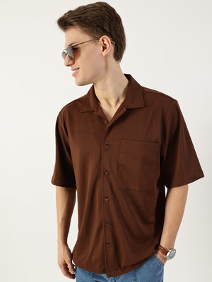 Thomas Scott Men Dark Brown Premium Cuban Collar Textured Cotton Oversized Casual Shirt