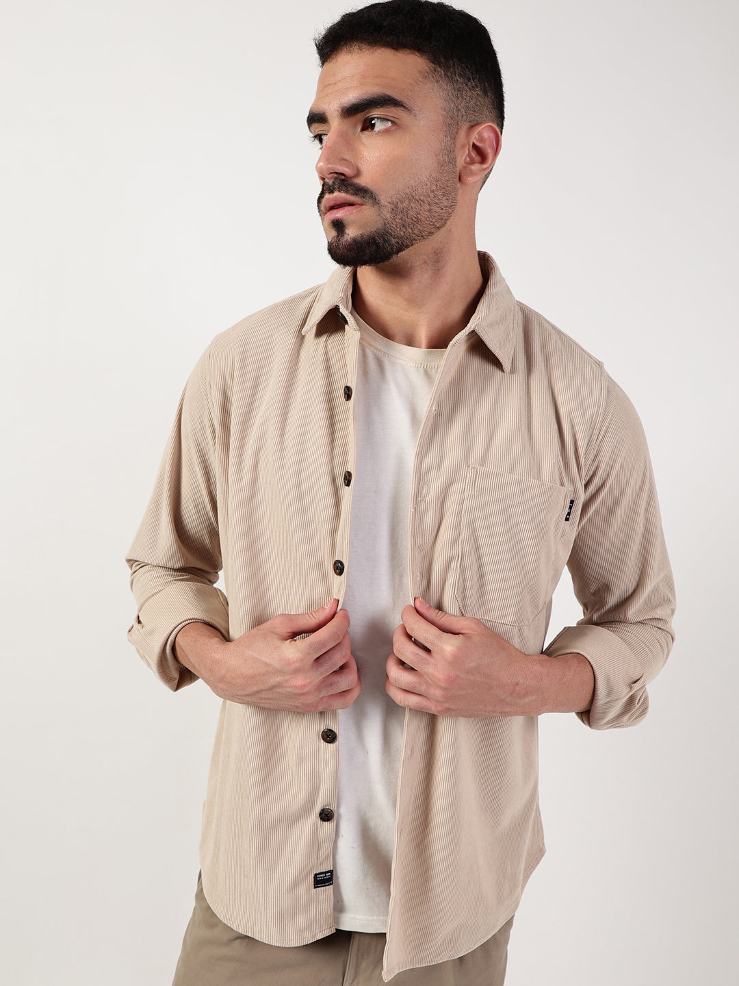 Thomas Scott Men Beige Premium Spread Collar Textured Relaxed Fit Casual Shirt