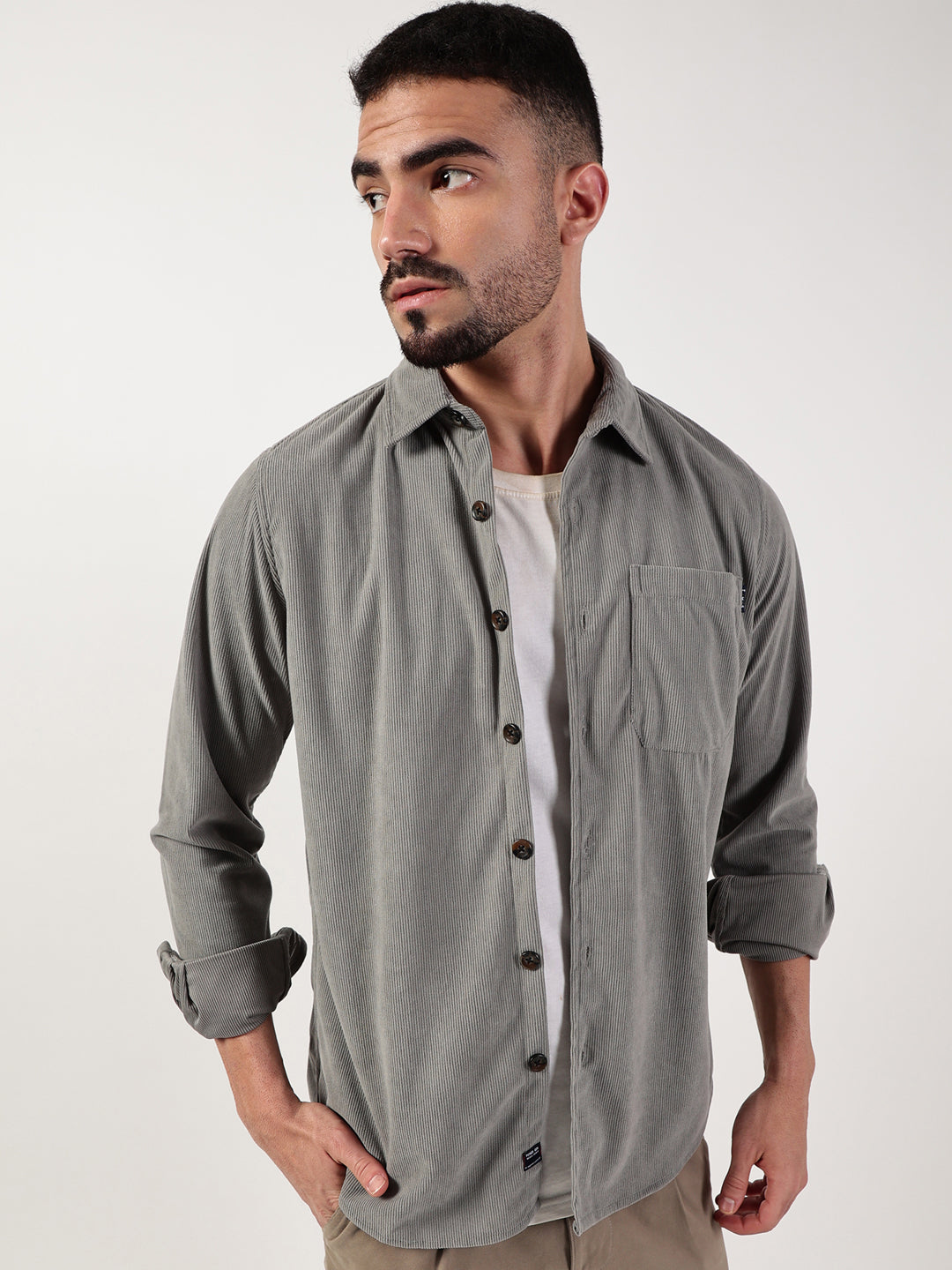 Thomas Scott Men Grey Premium Spread Collar Textured Relaxed Fit Casual Shirt