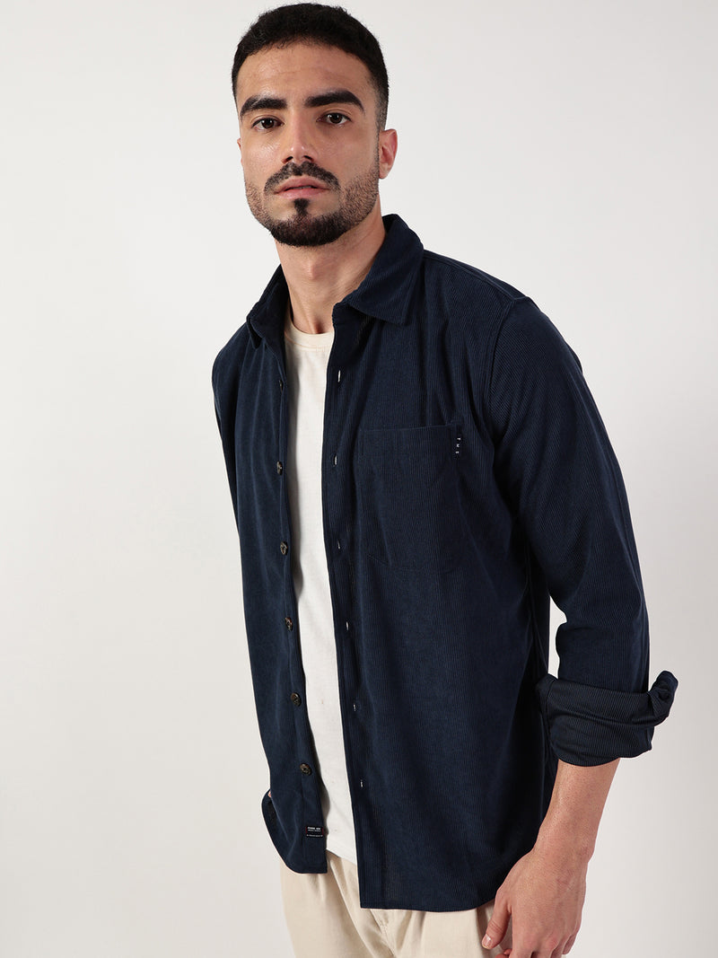 Thomas Scott Men Navy Premium Spread Collar Textured Relaxed Fit Casual Shirt