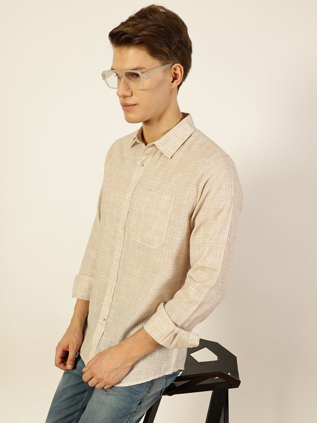 Thomas Scott Men Light Beige Thomas Scott Premium Spread Collar Linen Slim Fit Casual Shirt