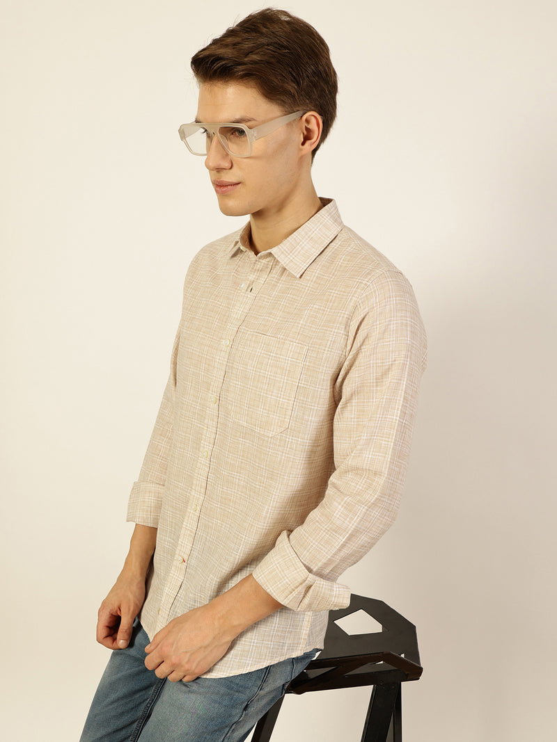 Thomas Scott Men Light Beige Thomas Scott Premium Spread Collar Linen Slim Fit Casual Shirt