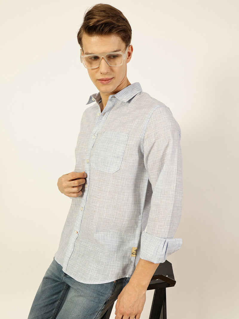 Thomas Scott Men Sky Blue Checked Linen Slim Fit Casual Shirt