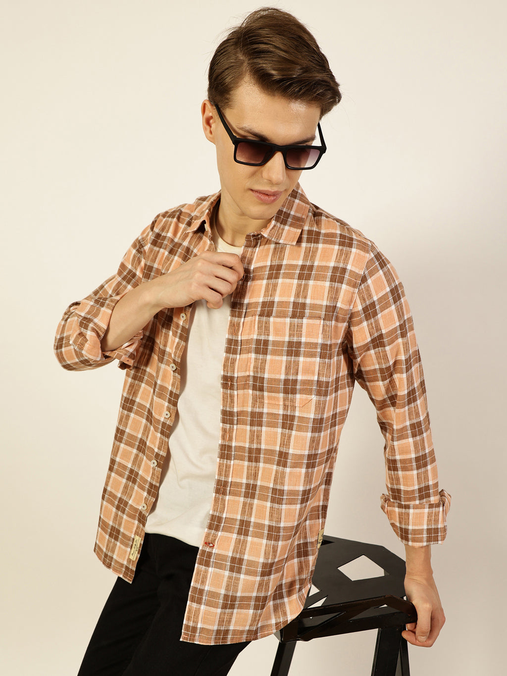 Thomas Scott Men Peach Premium Spread Collar Checked Linen Slim Fit Casual Shirt