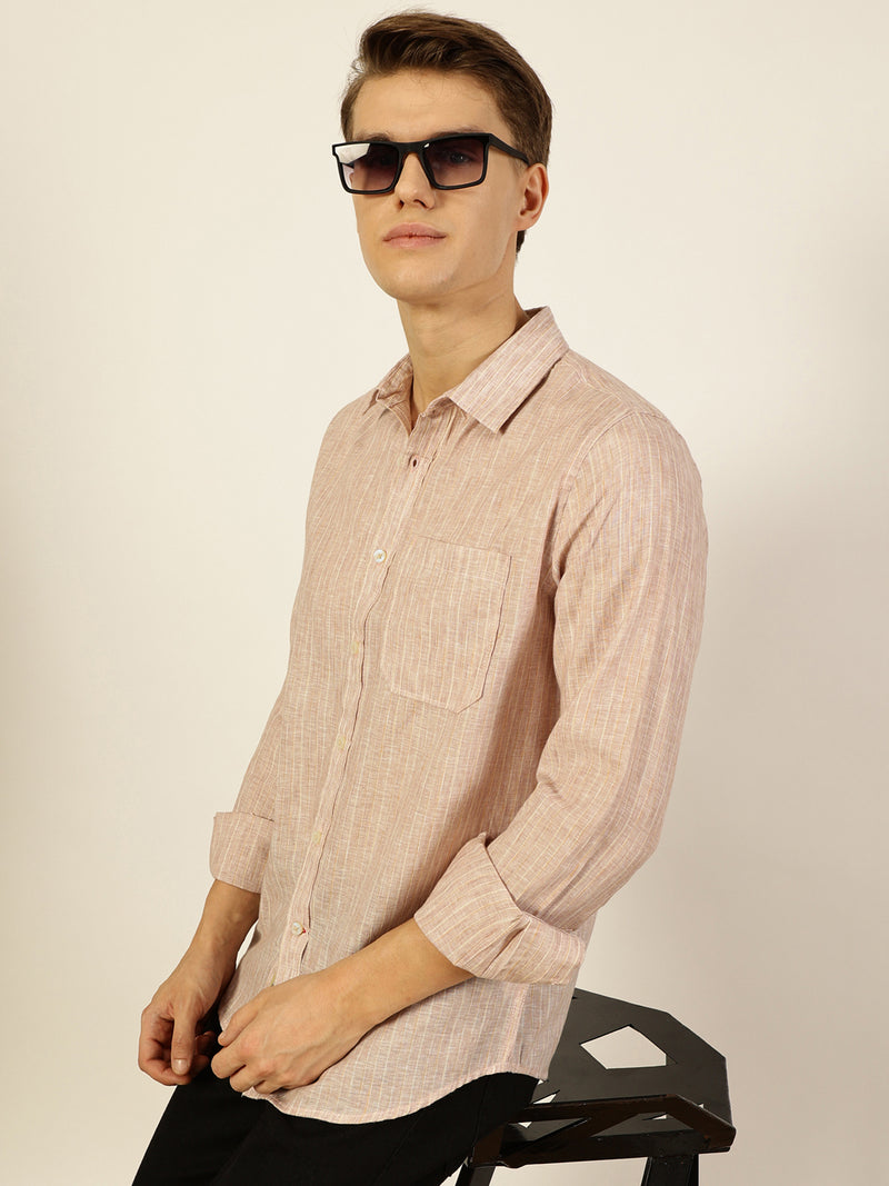 Thomas Scott Men Fawn Premium Spread Collar Solid Linen Slim Fit Casual Shirt