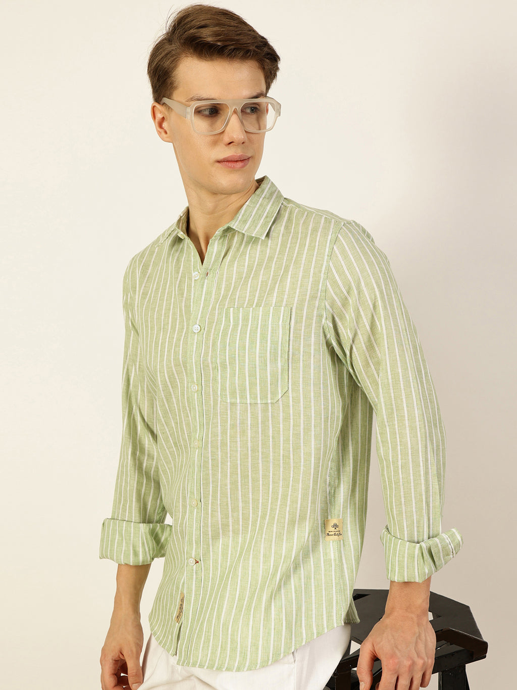 Thomas Scott Men Green Premium Vertical Striped Linen Slim Fit Casual Shirt