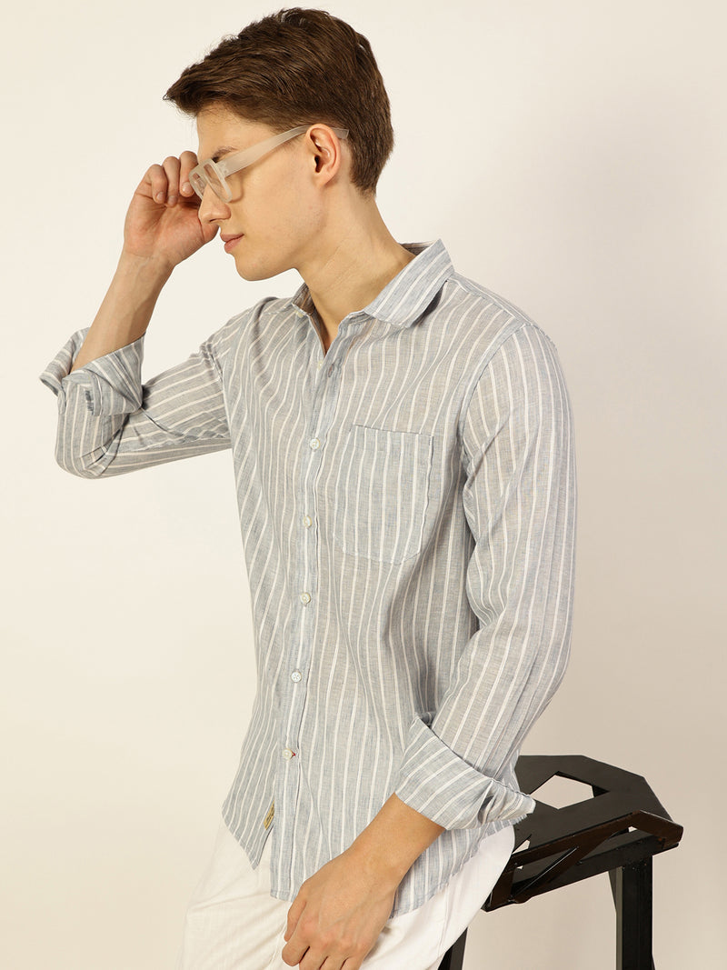 Thomas Scott Men Grey Striped Slim Fit Casual Shirt