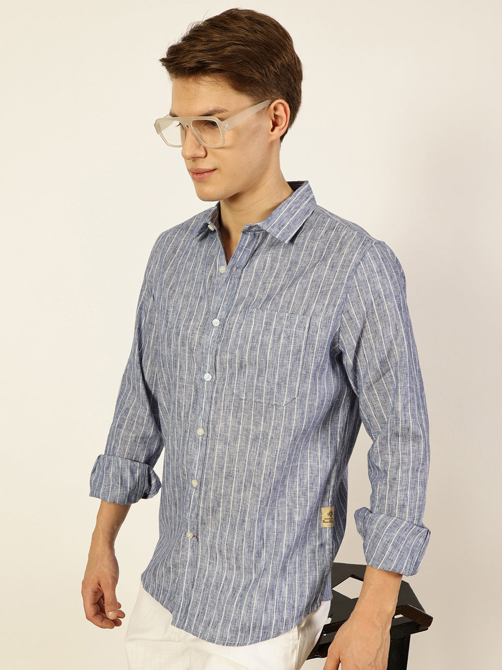 Thomas Scott Men Blue Premium Spread Collar Vertical Striped Linen Slim Fit Casual Shirt