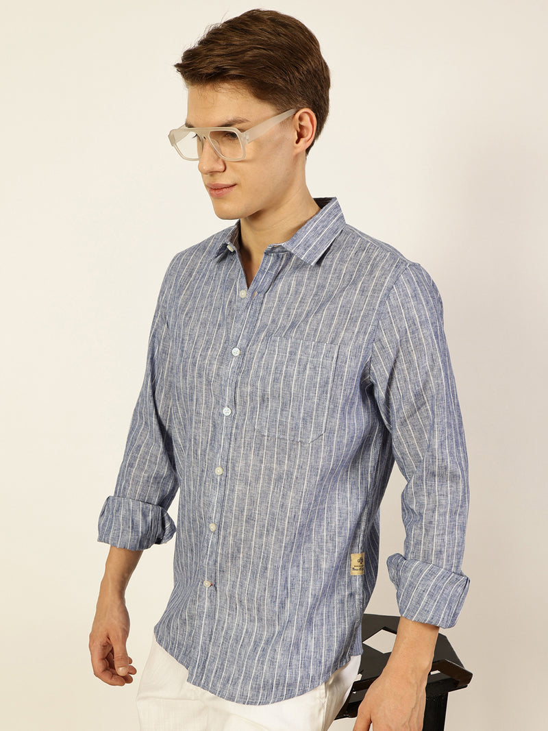 Thomas Scott Men Blue Premium Spread Collar Vertical Striped Linen Slim Fit Casual Shirt