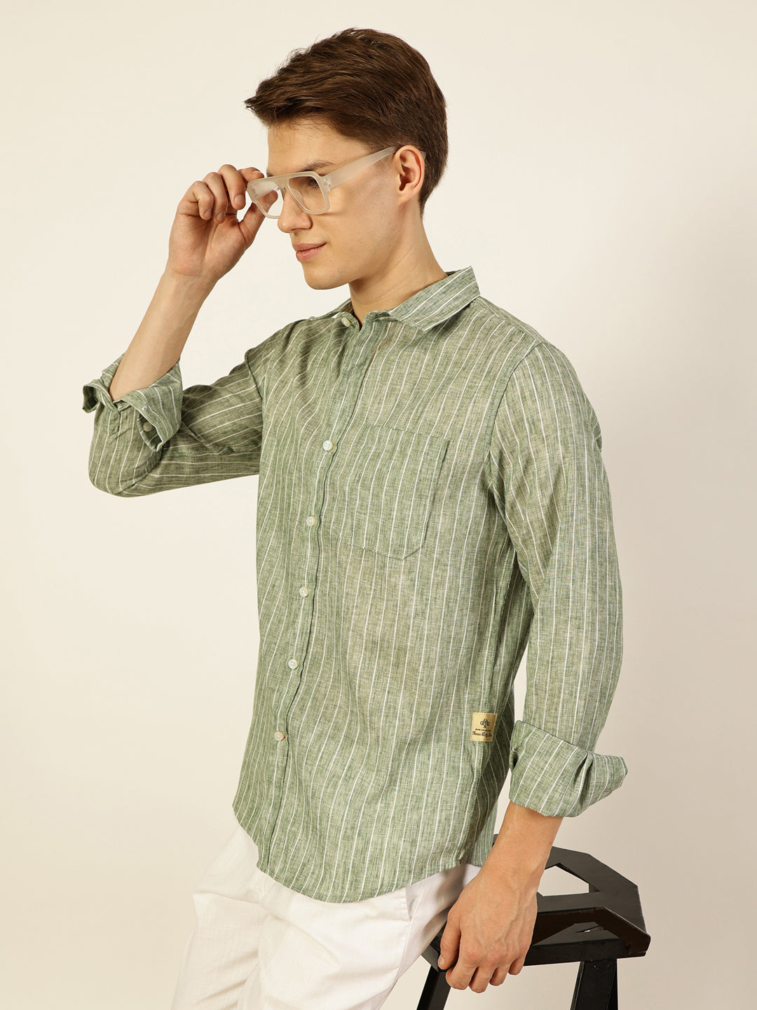 Thomas Scott Men Dark Green Premium Vertical Striped Linen Slim Fit Casual Shirt