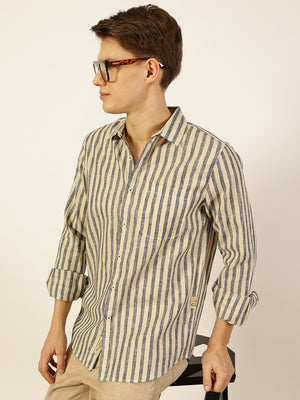 Thomas Scott Men Black Premium Vertical Striped Linen Slim Fit Casual Shirt