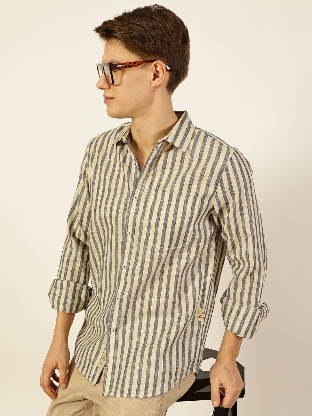 Thomas Scott Men Black Premium Vertical Striped Linen Slim Fit Casual Shirt