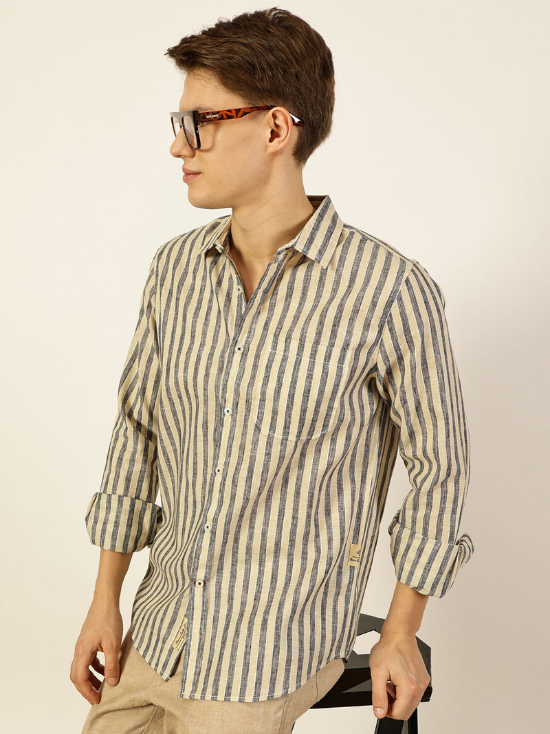Thomas Scott Men Black Premium Vertical Striped Linen Slim Fit Casual Shirt