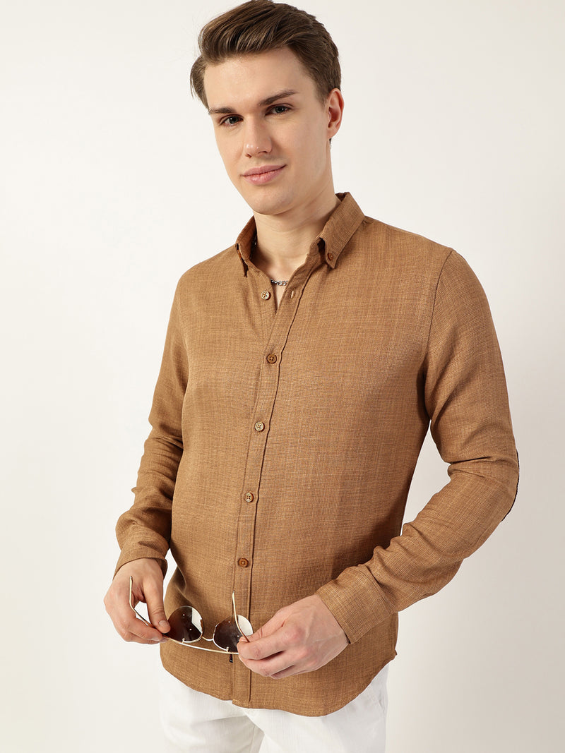 Thomas Scott Men Beige Classic Button-Down Collar Solid Slim Fit Casual Shirt