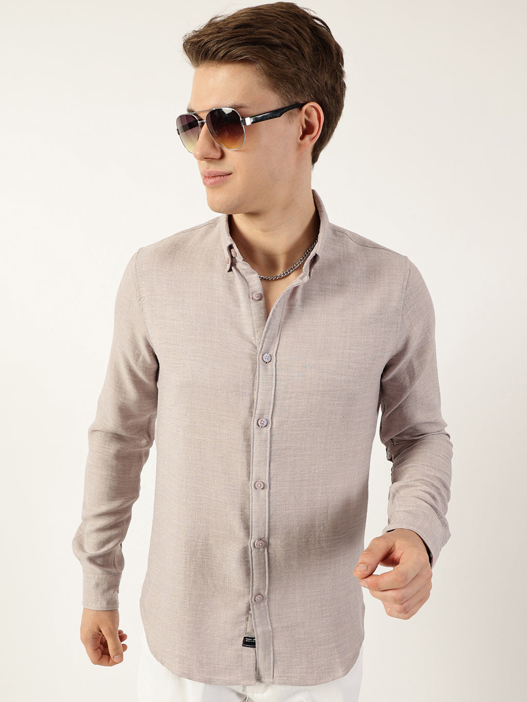 Thomas Scott Men Light Grey Classic Button-Down Collar Solid Slim Fit Casual Shirt