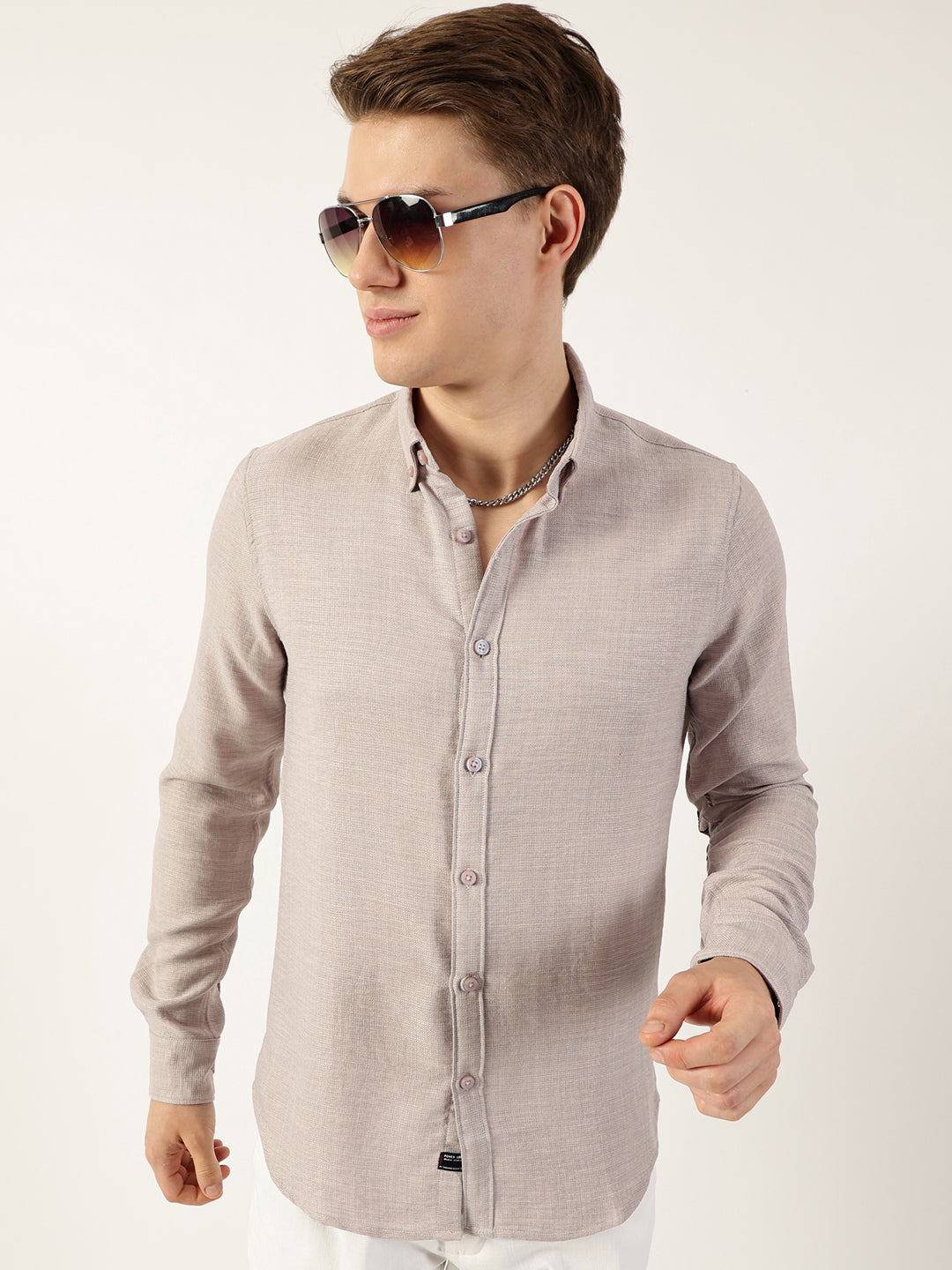 Thomas Scott Men Light Grey Classic Button-Down Collar Solid Slim Fit Casual Shirt