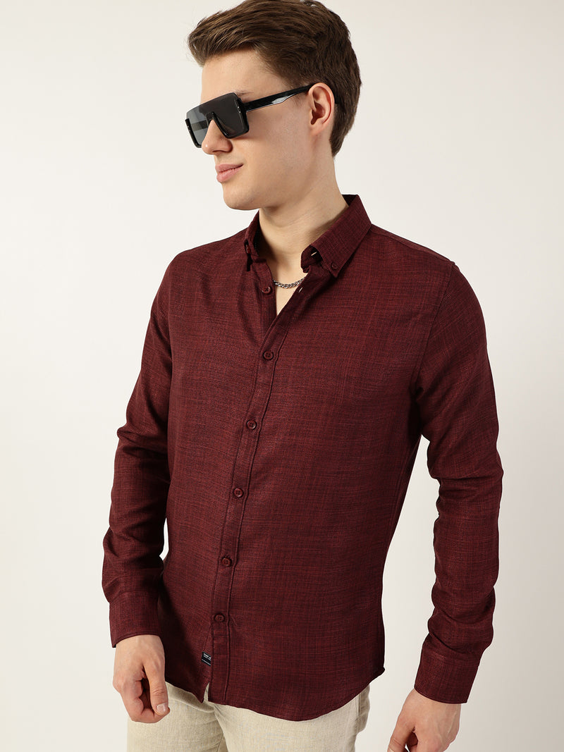 Thomas Scott Men Wine Classic Button-Down Collar Solid Slim Fit Casual Shirt