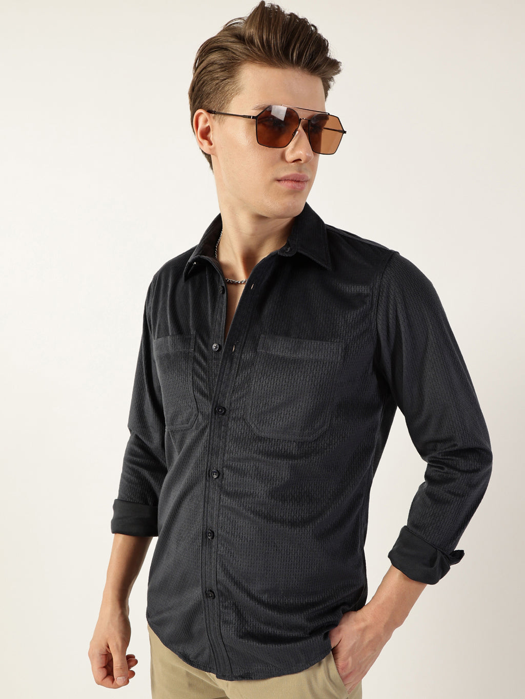 Thomas Scott Men Dark Grey Classic Spread Collar Textured Slim Fit Casual Shirt