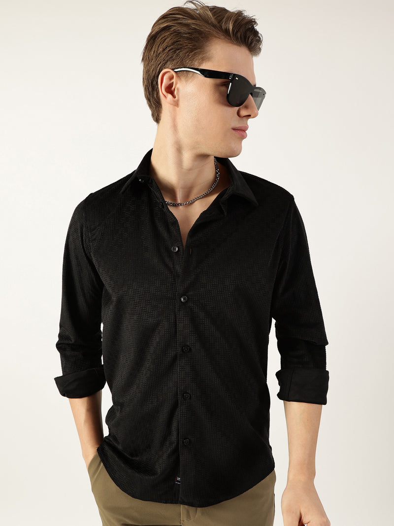Thomas Scott Men Black Classic Spread Collar Textured Solid Slim Fit Casual Shirt