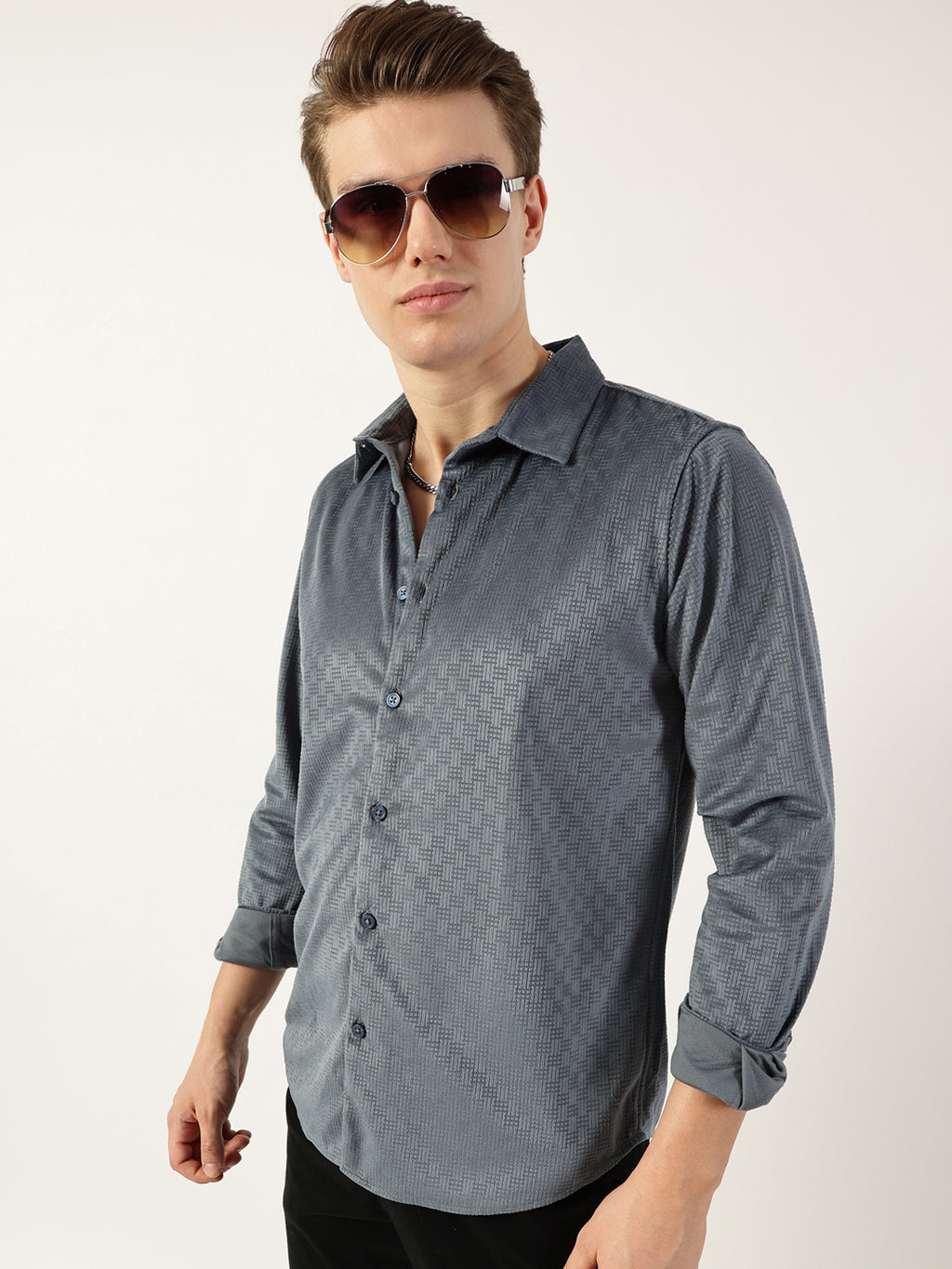 Thomas Scott Men Grey Classic Spread Collar Textured Solid Slim Fit Casual Shirt