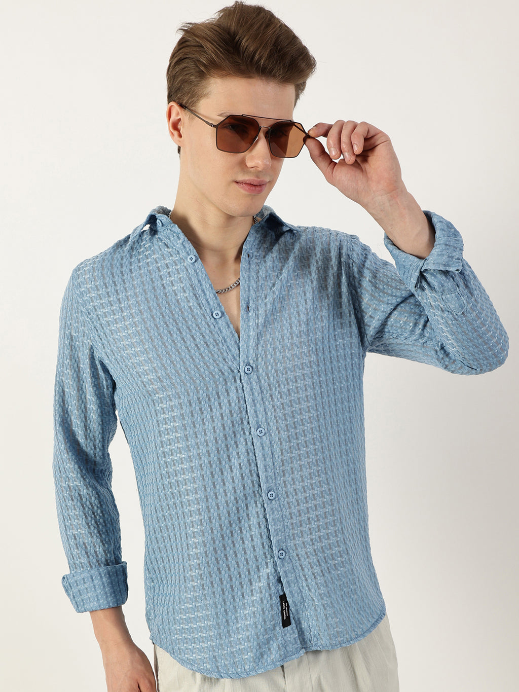 Thomas Scott Men Blue Premium Spread Collar Textured Solid Slim Fit Casual Shirt