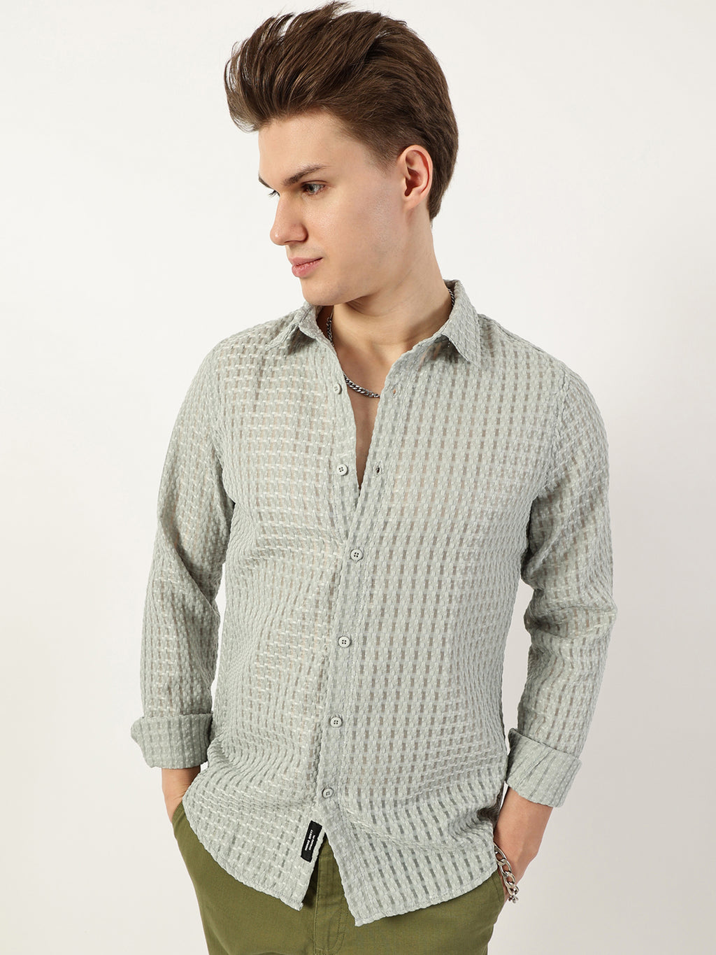 Thomas Scott Men Green Premium Spread Collar Textured Solid Slim Fit Casual Shirt