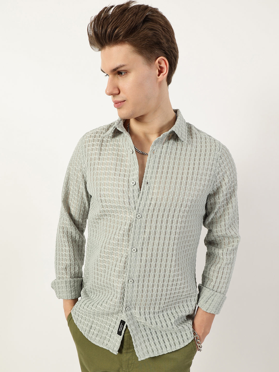 Thomas Scott Men Green Premium Spread Collar Textured Solid Slim Fit Casual Shirt