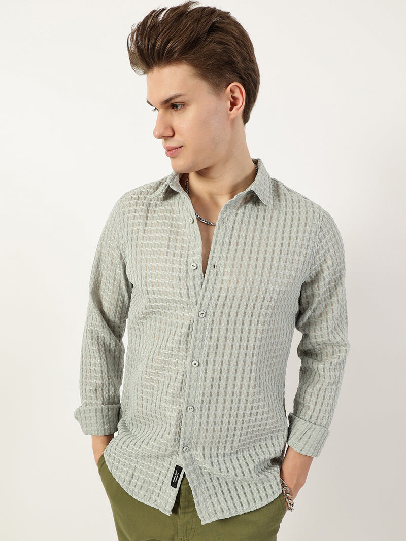 Thomas Scott Men Green Premium Spread Collar Textured Solid Slim Fit Casual Shirt