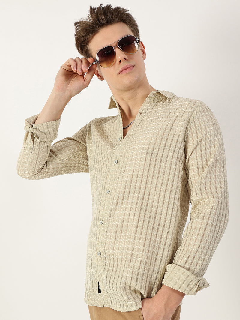 Thomas Scott Men Light Green Premium Spread Collar Textured Solid Slim Fit Casual Shirt