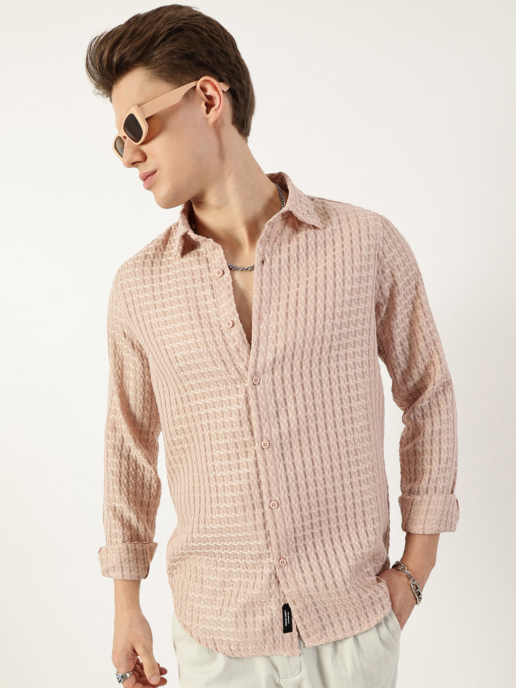 Thomas Scott Men Pink Premium Spread Collar Textured Solid Slim Fit Casual Shirt