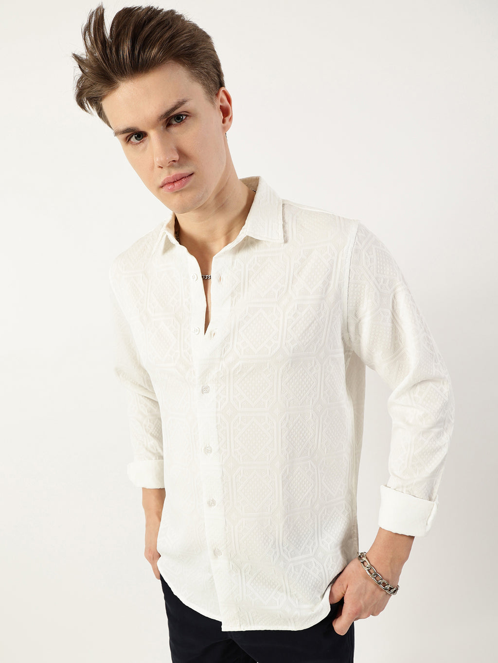 Thomas Scott Men White1 Premium Spread Collar Textured Solid Slim Fit Casual Shirt