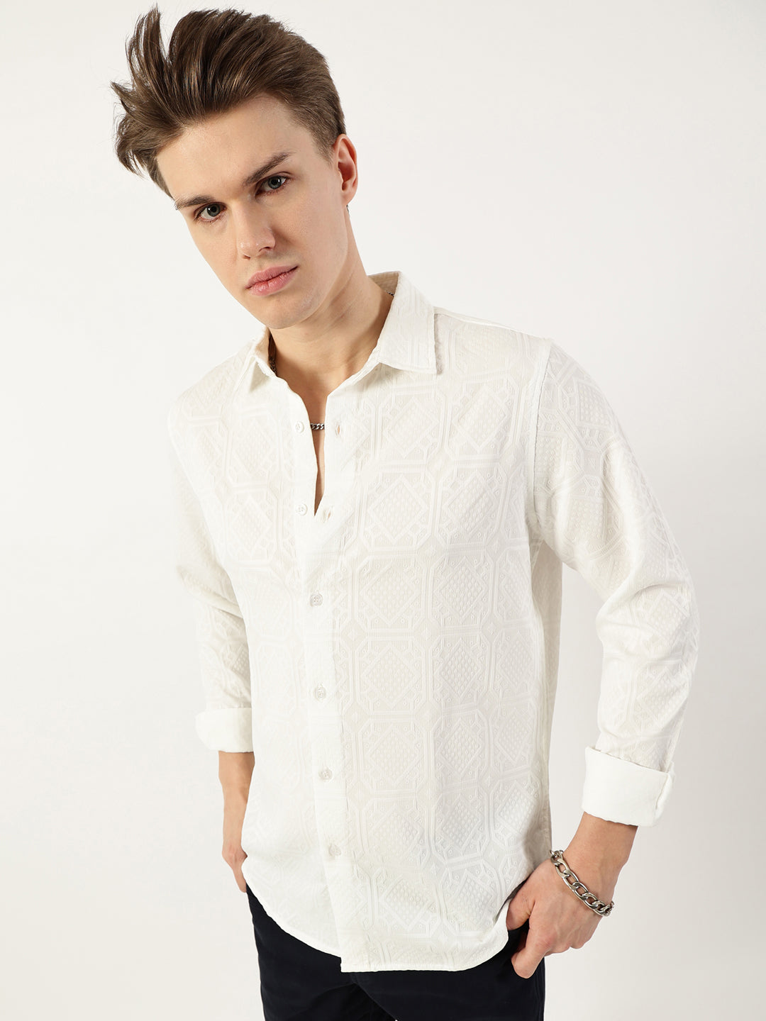 Thomas Scott Men White1 Premium Spread Collar Textured Solid Slim Fit Casual Shirt