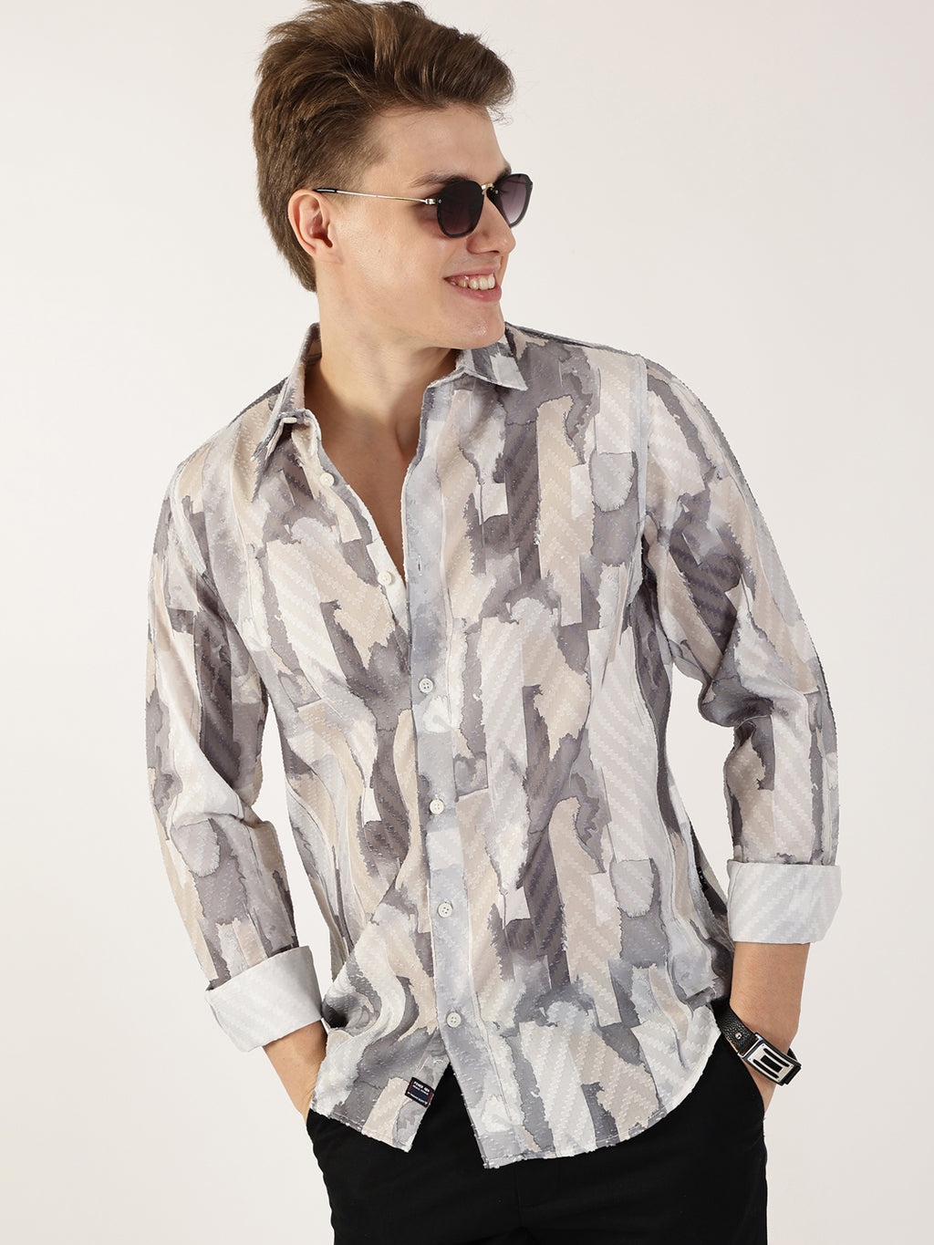 Thomas Scott Men Grey Premium Slim Fit Opaque Printed Casual Shirt