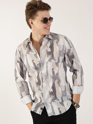 Thomas Scott Men Grey Premium Slim Fit Opaque Printed Casual Shirt