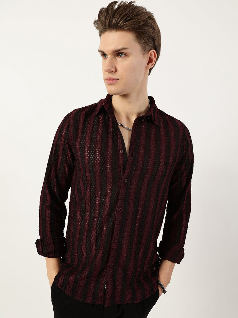 Thomas Scott Men Wine Premium Spread Collar Textured Solid Slim Fit Casual Shirt