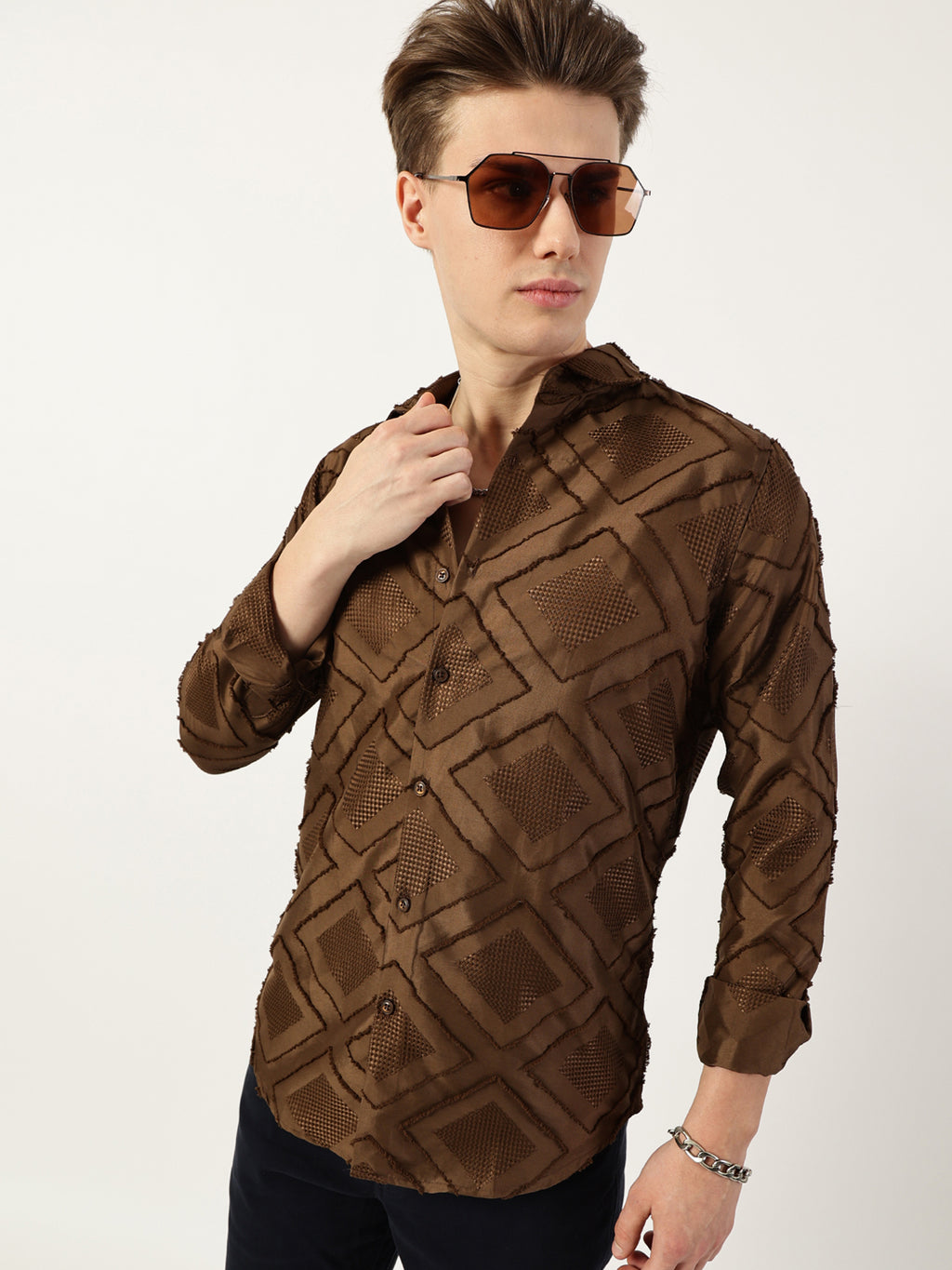 Thomas Scott Men Brown Premium Spread Collar Graphic Printed Slim Fit Casual Shirt
