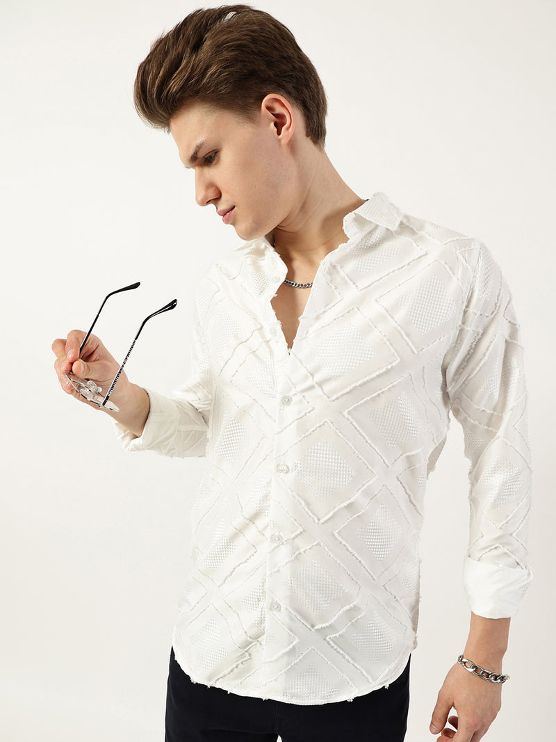 Thomas Scott Men White Premium Spread Collar Graphic Printed Slim Fit Casual Shirt