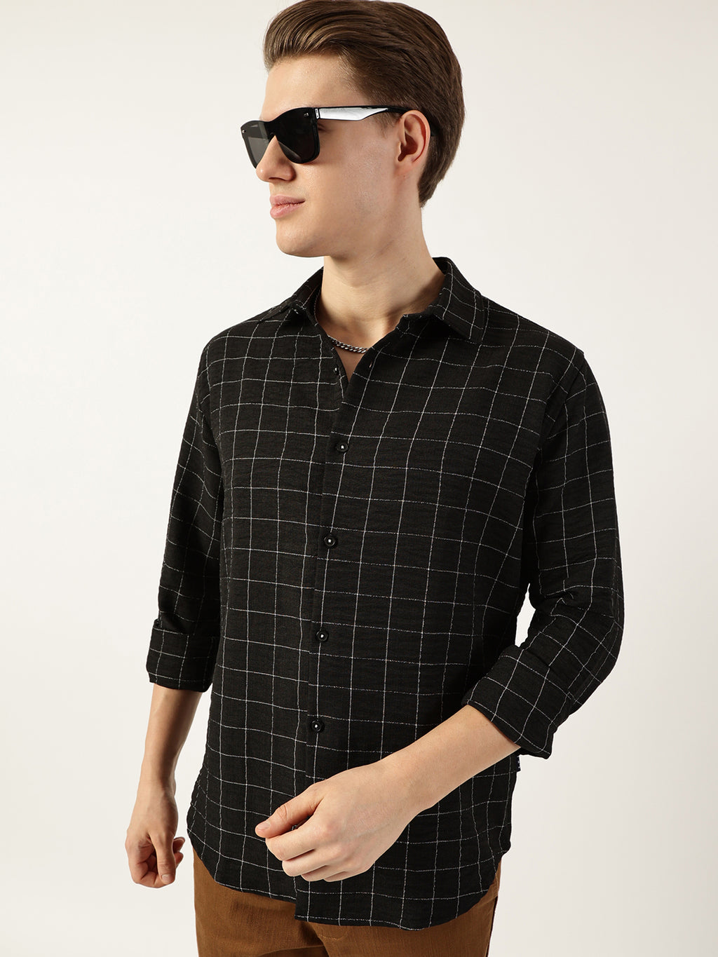 Thomas Scott Men Black Smart Spread Collar Windowpane Checked Slim Fit Casual Shirt