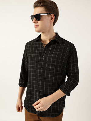 Thomas Scott Men Black Smart Spread Collar Windowpane Checked Slim Fit Casual Shirt