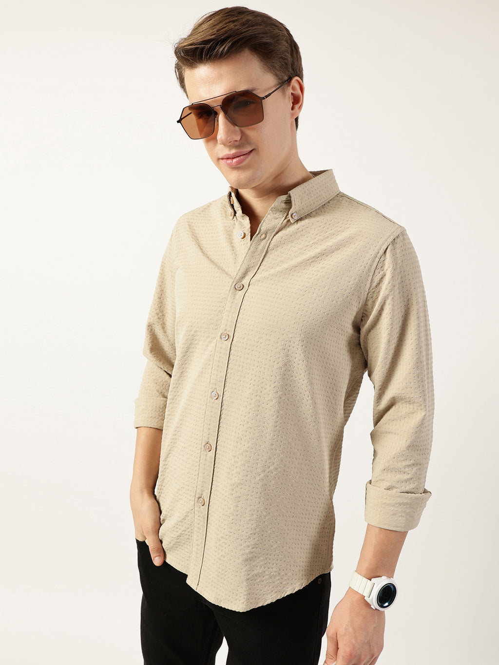 Thomas Scott Men Beige Smart Button-Down Collar Textured Solid Slim Fit Casual Shirt