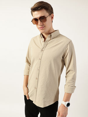 Thomas Scott Men Beige Smart Button-Down Collar Textured Solid Slim Fit Casual Shirt