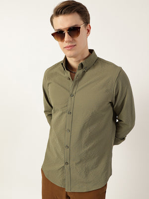Thomas Scott Men Green Smart Button-Down Collar Textured Slim Fit Casual Shirt